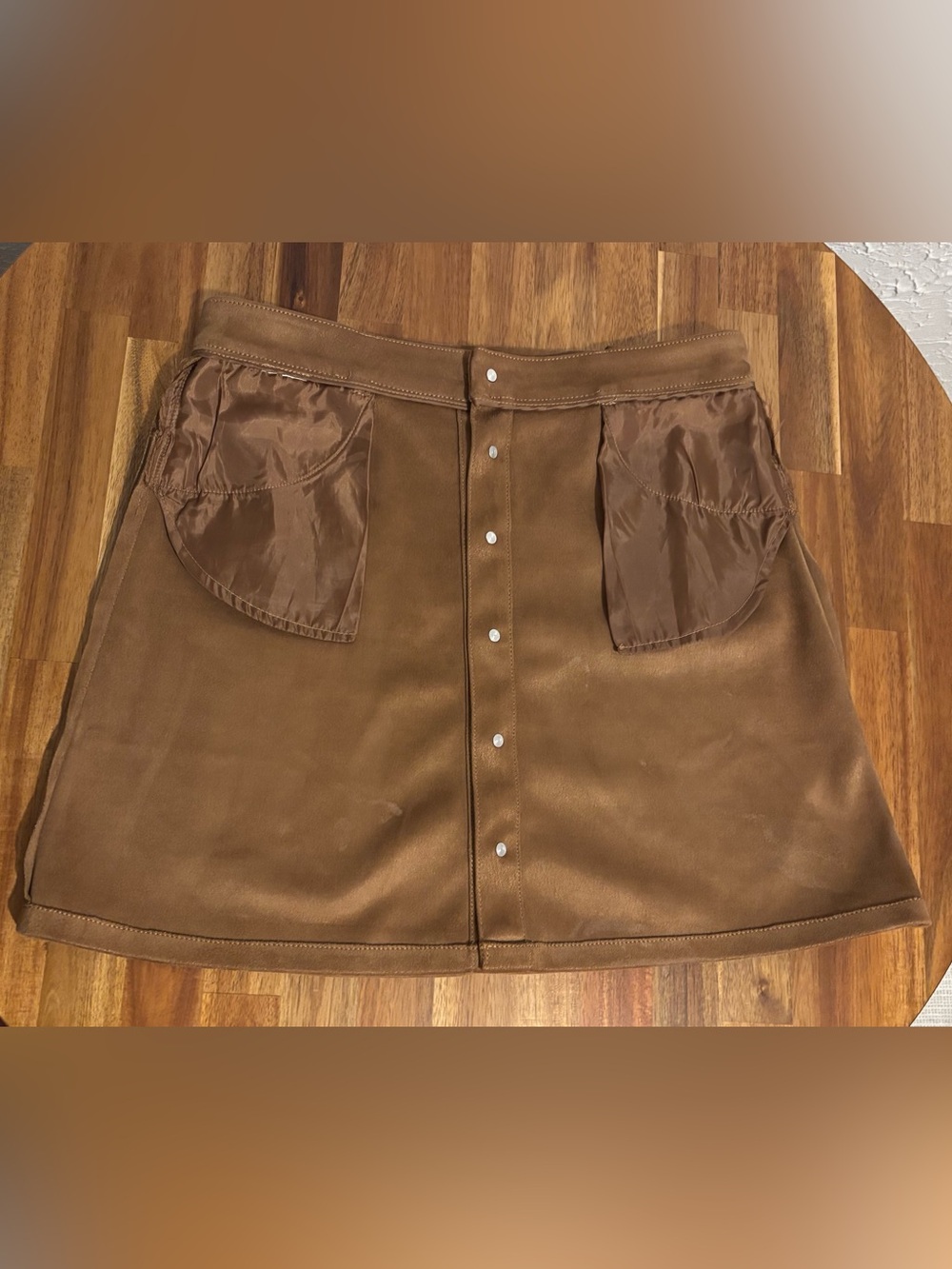 Button-Front Suede Mini Skirt — Brown - Picture 8 of 9